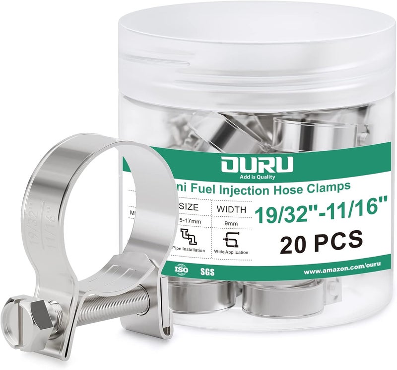 ORU Fuel Line Clamp 304 Stainless Steel,20PCS Adjustable 19/32"-11/16" Dia (15-17mm) Mini Fuel Injection Gas Line Hose Clamps,Pipe Clamp for Automotive,Diesel Petrol Pipe - Image 1